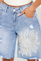 Paulina Pearl Embellished Bermuda Denim Shorts - Medium Wash