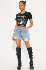 Out Of Line Ripped Crossover Denim Shorts - Medium Wash