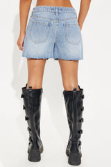 Out Of Line Ripped Crossover Denim Shorts - Medium Wash