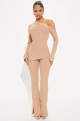Off I Go Off Shoulder Pant Set - Beige