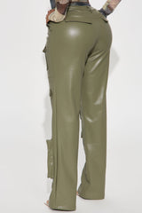 Never Too Late Faux Leather Cargo Pant - Olive