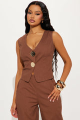 Erin Linen Vest Pant Set - Brown