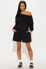Unwind Washed Off Shoulder Short Set - Black