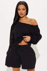 Unwind Washed Off Shoulder Short Set - Black