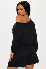 Unwind Washed Off Shoulder Short Set - Black