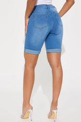 Sunset High Rise Bermuda Denim Shorts - Medium Wash