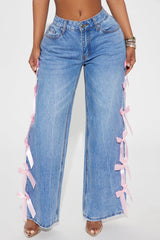 Dremi Ribbon Bow Non Stretch Wide Leg Jeans - Medium Wash