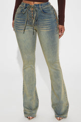 Out In The Town Lace Up Stretch Flare Jeans - Vintage Wash