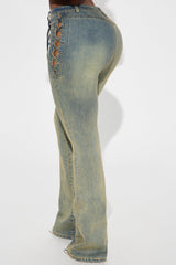 Out In The Town Lace Up Stretch Flare Jeans - Vintage Wash