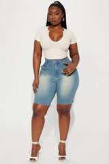 Shocker Tinted Stretch Denim Bermuda Shorts - Medium Wash