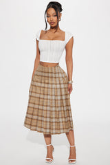Tasha Pleated Plaid Midi Skirt - Taupe/combo