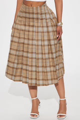 Tasha Pleated Plaid Midi Skirt - Taupe/combo