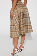 Tasha Pleated Plaid Midi Skirt - Taupe/combo