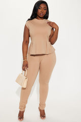 The Mia Double Lined Ponte Peplum Pant Set - Tan