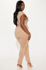 The Mia Double Lined Ponte Peplum Pant Set - Tan