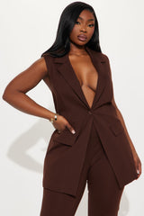The Mia Double Lined Ponte Long Vest Pant Set - Chocolate