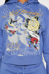 Ed Hardy Brave Eagle Cropped Hoodie - Blue