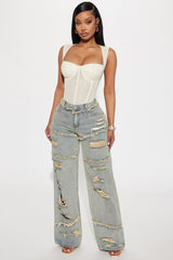 Born To Ride Non Stretch Ripped Wide Leg Jeans - Vintage Wash