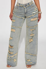 Born To Ride Non Stretch Ripped Wide Leg Jeans - Vintage Wash