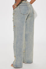 Born To Ride Non Stretch Ripped Wide Leg Jeans - Vintage Wash