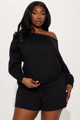 Unwind Washed Off Shoulder Short Set - Black