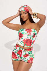 Full Bloom Satin 3 Piece Short Set - Red/combo