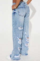 Maritza Non Stretch Destructed Wide Leg Jeans - Medium Wash