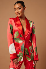 Ophelia Satin Floral Pant Suit Set - Red/combo