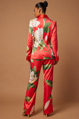 Ophelia Satin Floral Pant Suit Set - Red/combo