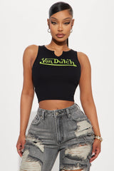 Von Dutch Ribbed Notch Neck Tank Top - Black/Green