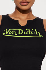 Von Dutch Ribbed Notch Neck Tank Top - Black/Green
