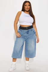 Teigen Non Stretch Double Waistband Denim Jorts - Medium Wash