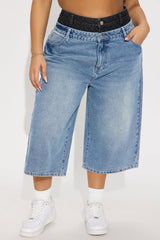 Teigen Non Stretch Double Waistband Denim Jorts - Medium Wash
