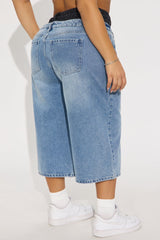 Teigen Non Stretch Double Waistband Denim Jorts - Medium Wash