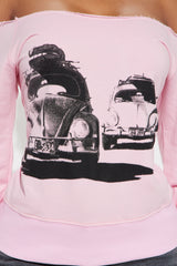 Vintage Highway Cruise Off Shoulder Sweatshirt - Pink