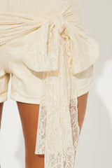 Tie The Knot Lace Overlay Denim Shorts - Cream