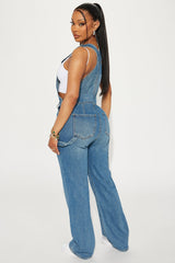 No Limits Seamed Utility Denim Overalls - Medium Wash