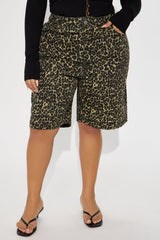 Wild Attraction Non Stretch Leopard Denim Bermuda Shorts - Brown/combo