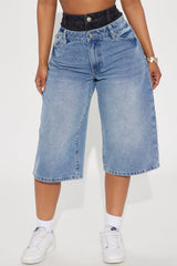 Teigen Non Stretch Double Waistband Denim Jorts - Medium Wash