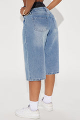 Teigen Non Stretch Double Waistband Denim Jorts - Medium Wash
