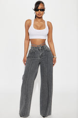 Cross Your Mind Non Stretch Wide Leg Jeans - Grey