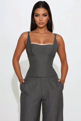 Evangeline Pinstripe Pant Set - Charcoal