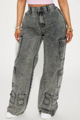 Don't Stop Washed Wide Leg Cargo Pant - Black