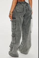 Don't Stop Washed Wide Leg Cargo Pant - Black