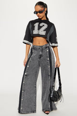 Paulette Non Stretch Snap Wide Leg Jeans - Black Wash