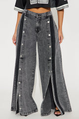 Paulette Non Stretch Snap Wide Leg Jeans - Black Wash