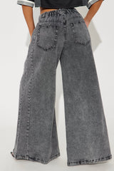 Paulette Non Stretch Snap Wide Leg Jeans - Black Wash