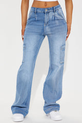 Counting On It Cargo Stretch Flare Jeans - Medium Wash