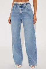 Stuck In My Head Stretch Lace Trim Baggy Jeans - Medium Wash