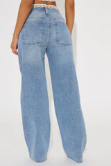 Stuck In My Head Stretch Lace Trim Baggy Jeans - Medium Wash
